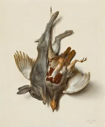 Ein junger Hase und Rebhuhn, aufgehängt an den Füßen, 1751
